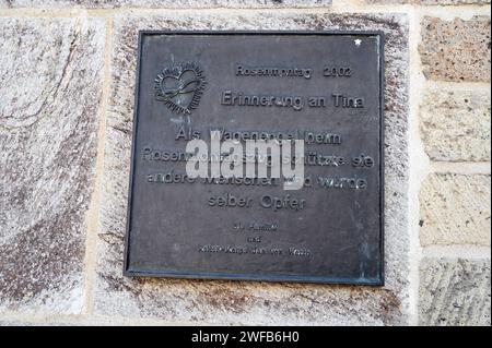 Cologne, Germany. 28th Jan, 2024. Memorial plaque on the wall of the house commemorates Tina, who died in an accident during the Rosenmotag parade on February 11, 2002. Credit: Horst Galuschka/dpa/Horst Galuschka dpa/Alamy Live News Stock Photo