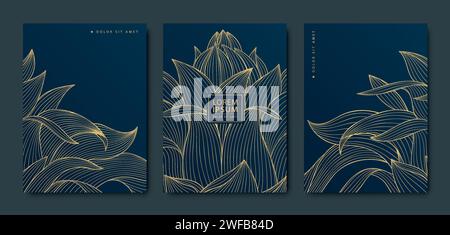 Vector set of lotus flower design, luxury art illustration, asian floral line ornament. Use for beauty, wedding hotel, spa, yoga design Stock Vector