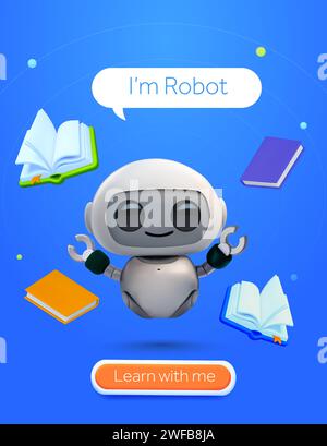 3d knowledgable modern robot or AI help desk banner template. Combination of chatbot, books, CTA isolated on background. 3d vector for student support, online course, customer question, answer. Vector illustration Stock Vector