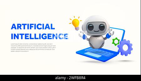 Artificial intelligence banner template with modern robot, laptop, gears and bulb. Generative AI landing page. 3d rendered robot icon isolated on white background. 3d vector illustration. Vector illustration Stock Vector