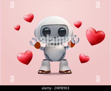 Cute and lovely modern chatbot banner template with waving robot, flying hearts. I love you concept. 3d rendered robot, artificial intelligent, isolated on background. 3d vector illustration. Vector illustration Stock Vector