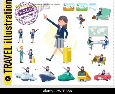 A set of navy blazer student women on travel.It's vector art so easy to edit. Stock Vector