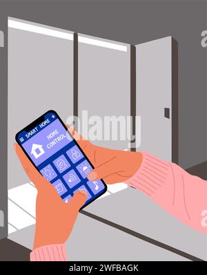 Hand with Smart home app on phone, interior scene. Stock Vector