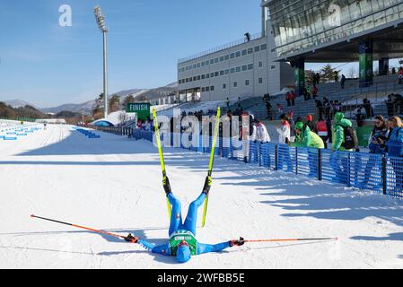 Pyeongchang, South Korea. 30th Jan, 2024. Federico Pozzi of Italy reacts after the Men's 7.5km Classic of Cross-Country Skiing event at the Gangwon 2024 Winter Youth Olympic Games in Pyeongchang, South Korea, Jan. 30, 2024. Credit: Hu Huhu/Xinhua/Alamy Live News Stock Photo