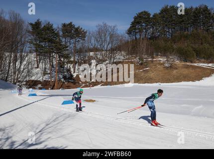 Pyeongchang, South Korea. 30th Jan, 2024. Athletes compete during the Men's 7.5km Classic of Cross-Country Skiing event at the Gangwon 2024 Winter Youth Olympic Games in Pyeongchang, South Korea, Jan. 30, 2024. Credit: Hu Huhu/Xinhua/Alamy Live News Stock Photo