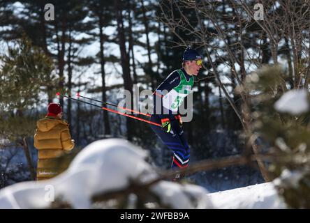 Pyeongchang, South Korea. 30th Jan, 2024. Quentin Lespine of France competes during the Men's 7.5km Classic of Cross-Country Skiing event at the Gangwon 2024 Winter Youth Olympic Games in Pyeongchang, South Korea, Jan. 30, 2024. Credit: Hu Huhu/Xinhua/Alamy Live News Stock Photo