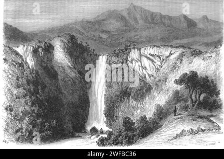 Chamarel Waterfalls and Nature Reserve in the Rivière Noire District Mauritius. Vintage or Historic Engraving or Illustration 1863 Stock Photo