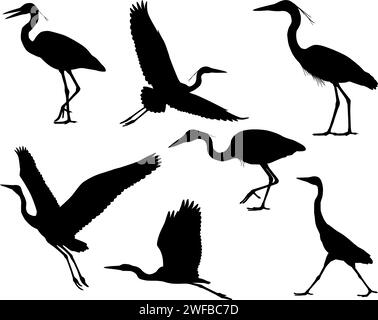 Collection of silhouettes of heron or egret birds Stock Vector