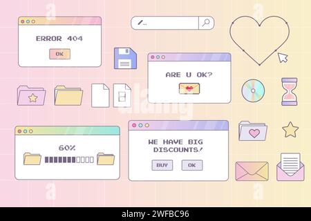 y2k interface, icon, browser computer window set pastel Retrowave pc desktop with message boxes and popup user interface elements ux ui vector Stock Vector