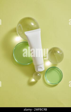 Laboratory setup with petri dishes and test tubes on a white surface ...