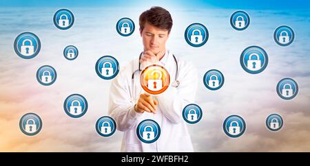 Young male doctor unlocking a data file in cyberspace. Healthcare IT concept for cybersecurity, regulatory compliance, records management, information Stock Photo