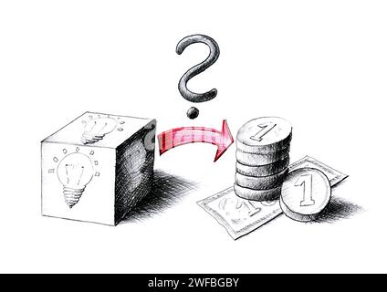 Hand drawn pencil sketch of a question mark overseeing the transformation of a solid idea into cash. Business metaphor for inspiration, transformation Stock Photo