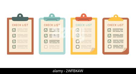 Clipboard with check list set. Completed task list. Documents in a folder. Check mark. Flat design Stock Vector