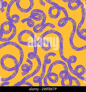 Seamless pattern of bright colorful abstract squiggles print, continuous line, textured scribble spiral and wavy lines. retro 80s. Chaotic ink crayon Stock Vector