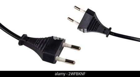 Four different black power plugs isolated on white background, Stock Photo