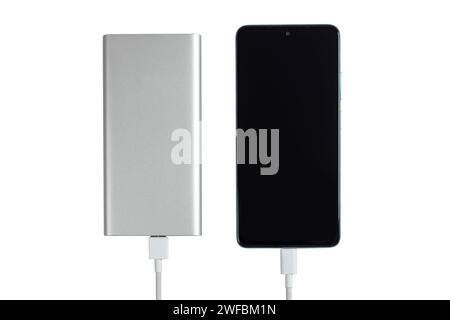 Smartphone charger with powerbank on white background. Stock Photo
