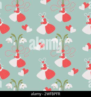 Seamless pattern spring holiday Martisor. Martenitsa Red and white romantic couple talisman accessory on green background with snowdrop flowers. Vecto Stock Vector