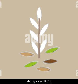 Willow stem. Gray background. White silhouette of leaves. Realistic watercolor picture. Vector illustration. Stock image. EPS 10. Stock Vector