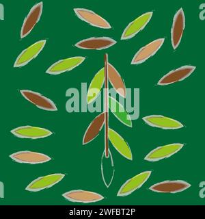Willow stem with falling leafs. Green background. Watercolor picture. Freehand design. Vector illustration. Stock image. EPS 10. Stock Vector