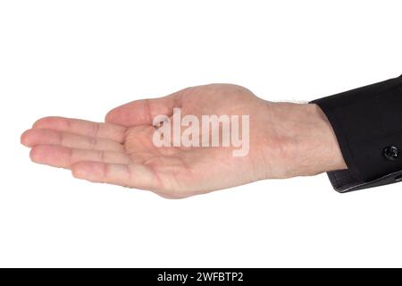Man's hand in shirt begs to something isolated on white background. Palm up, close up Stock Photo