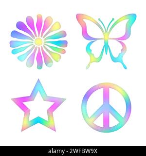 Butterfly, star, flower, pease sign with holographic effect. Stock Vector