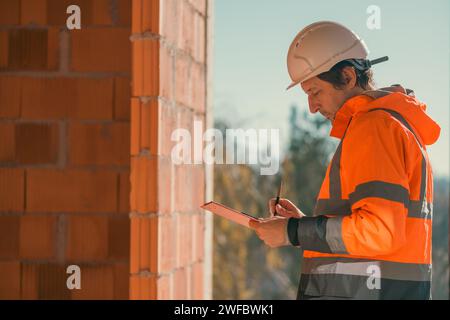 Construction engineer making notes and remarks during building site inspection, selective focus Stock Photo