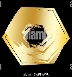 Brush golden heptagon icon on black. Geometric figure frame. Abstract simple design. Vector illustration. Stock image. EPS 10. Stock Vector