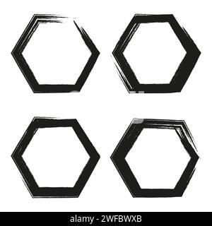 Paint brush black heptagon icon set. Geometric figure frame. Simple outline style. Vector illustration. Stock image. EPS 10. Stock Vector