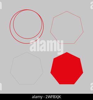 Double circle and hexagon icon. Red signs. Dark background. Abstract geometric figures. Vector illustration. Stock image. EPS 10. Stock Vector