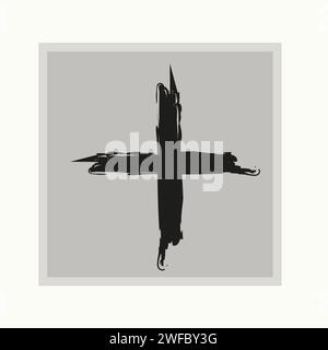Gray paint brush strokes plus icon in gray square frame. Math backdrop. Ink art design. Vector illustration. Stock image. EPS 10. Stock Vector