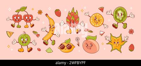 Tropical exotic fruits set. Old retro cartoon characters. Groovy vintage summer design elements. Cool lemons in sunglasses, Banana, watermelon, Cherry Stock Vector