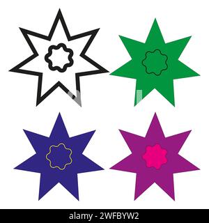 Colored starburst icon set. Flower figure inside. Black, green, blue, purple elements. Vector illustration. Stock image. EPS 10. Stock Vector