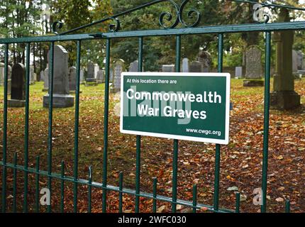 A Commonwealth War Graves sign on the gate to the Churchyard of St Mary's at Auchindoir, Aberdeenshire, Scotland, United Kingdom. Stock Photo