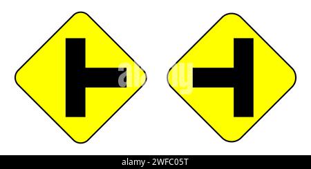 Proceed straight. Turn right and left. Road traffic signs. Yellow rhombus shape. Vector illustration. Stock image. EPS 10. Stock Vector