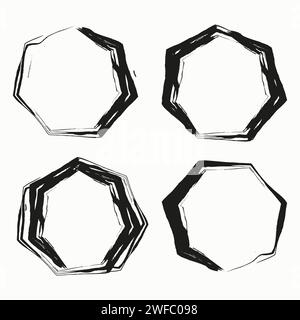 Paint brush silhouette black heptagon icon set. Geometric figure. Simple outline style. Vector illustration. Stock image. EPS 10. Stock Vector