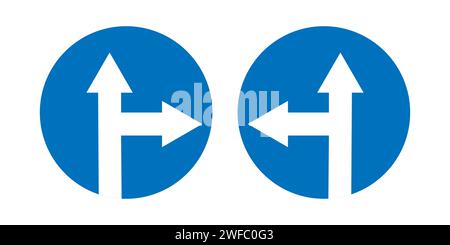 Turn right or left. Proceed straight. Navigation icon. Road traffic signs. Blue circles. Vector illustration. Stock image. EPS 10. Stock Vector