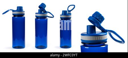 A blue sports drink water bottle isolated on a white background, Stock Photo