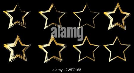 A lot of hand drawn golden empty stars on black background. Ink sketch cartoon.  Vector illustration. Stock image. EPS 10. Stock Vector