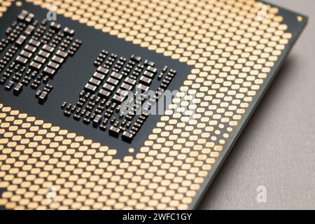 Closeup CPU or Central Processing Unit from motherboard, macro shot microprocessor unit of computer hardware system Stock Photo