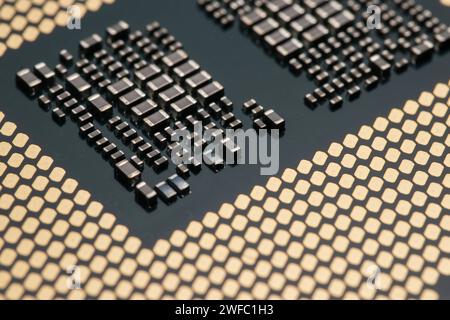 Closeup CPU or Central Processing Unit from motherboard, macro shot microprocessor unit of computer hardware system Stock Photo
