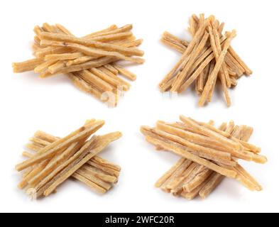 Dried salted tuna meat strips isolated on white background. Snack Fish to beer. Collection Stock Photo