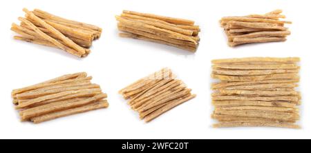 Dried salted tuna meat strips isolated on white background. Snack Fish to beer. Collection Stock Photo