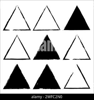 Grunge triangle set. Abstract art design. Ink brush. Frame border. Vintage style. Vector illustration. Stock image. EPS 10. Stock Vector