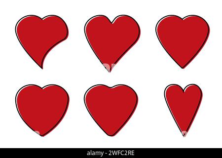 Different red heart icons set. Love symbol. Watercolor drawing. Romantic background. Vector illustration. Stock image. EPS 10. Stock Vector