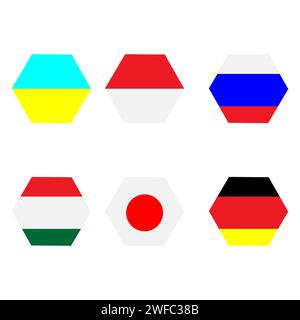 Flag of countries. Hexagonal figure. Ukraine, Monaco, Russia, Hungary, Japan, Germany. Vector illustration. Stock image. EPS 10. Stock Vector