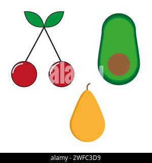 Fruits icon. Red cherry. Yellow pear. Green avocado. Summer time. Cartoon style. Vector illustration. Stock image. EPS 10. Stock Vector