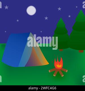 Green forest tent the fire. Healthy lifestyle. Summer camp. Vector illustration. Stock image. EPS 10. Stock Vector