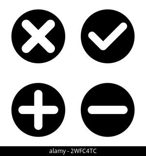 Four stained validation. Plus, minus, cross and mark icons. Check sign. Black circle. Vector illustration. Stock image. EPS 10. Stock Vector