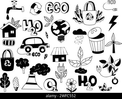 Ecological lifestyle. Ecology doodles. No plastic, go green, Zero waste concepts, reduce, reuse, refuse, technologies and environmental friendliness o Stock Vector