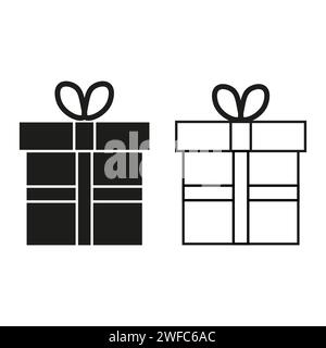 Two gift silhouette icon. Black and white.  Surprise box. Holiday decor. Outline art. Vector illustration. Stock image. EPS 10. Stock Vector